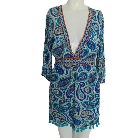 TRINA TURK Swim Cover/Dress, M/L, Low Cut, Open Back, Tassle hem, Blue Paisley - Picture 12 of 14